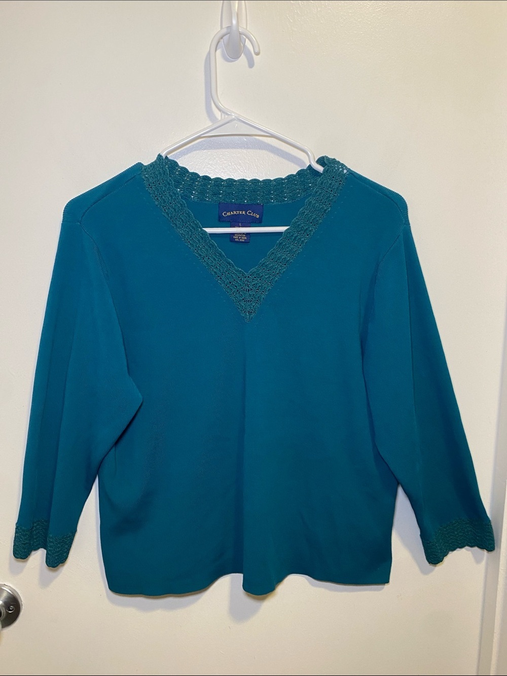 Charter Club Teal V-Neck Crochet-Trim Sweater